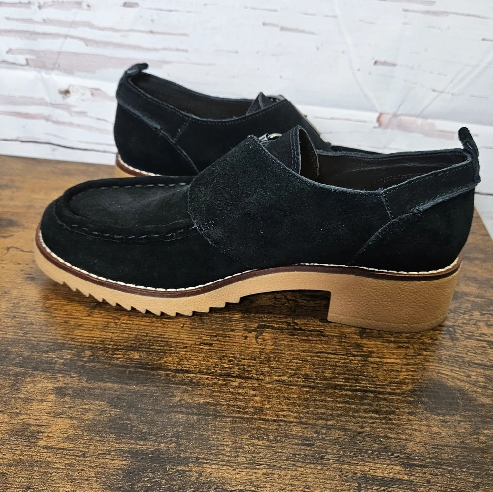 Clarks Black Suede Platform Loafers with Tan Lug Sole and Buckle